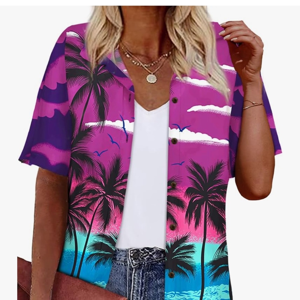 LILYCHIC Women's Hawaiian Button Summer Soft Button Down Short Sleeve Shirt New